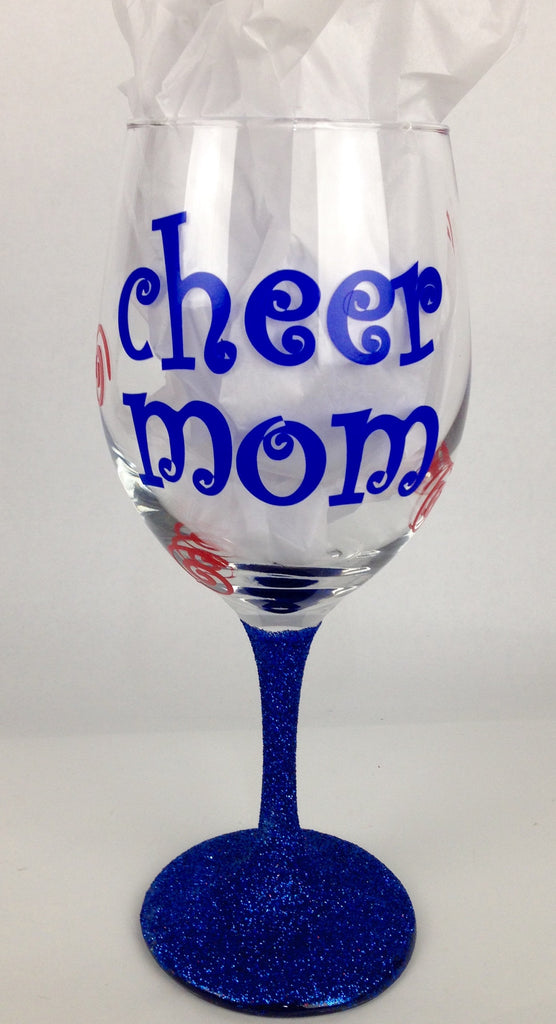 Wine Glass - Glittered Pom/Cheer Glass